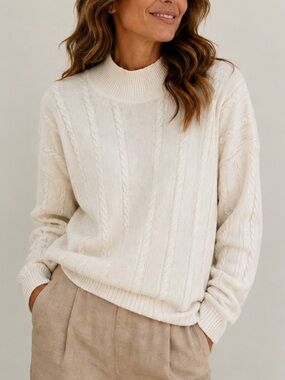 NAADAM Cashmere Cream Cable Knit Mock Neck Sweater